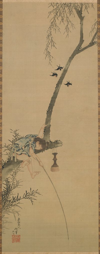 木の枝から釣りをする少年、江戸時代、1839. 作： Katsushika Hokusai