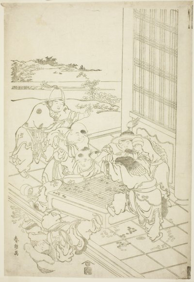 中国人と韃靼人の少年が囲碁をめぐって喧嘩している 作： Katsushika Hokusai