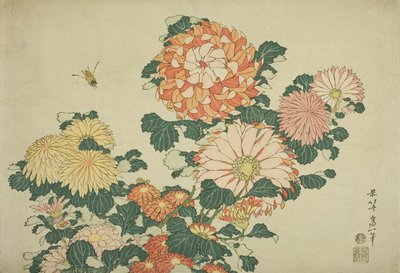 大きな花の無題のシリーズからの菊と蜂、1833-34年頃 作： Katsushika Hokusai