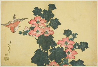 無題の大きな花のシリーズからの綿のバラとスズメ 作： Katsushika Hokusai