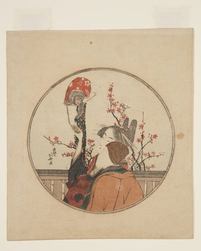 宮廷人と客とペットの猿（カラー木版画 作： Katsushika Hokusai