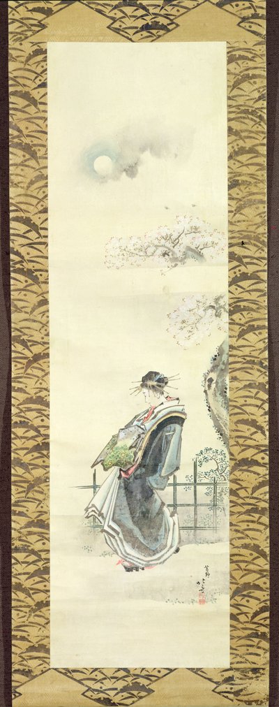 散歩に出かける遊女（紙とペンでインクを洗う） 作： Katsushika Hokusai