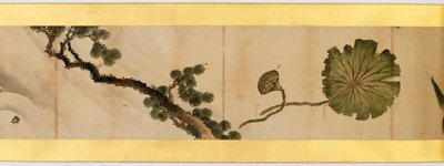 その他の画像、江戸時代、1839年のインクと紙の色の付いたハンドスクロールの詳細 作： Katsushika Hokusai