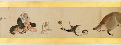 その他の画像、江戸時代、1839年のインクと紙の色の付いたハンドスクロールの詳細 作： Katsushika Hokusai