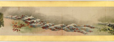 その他の画像、江戸時代、1839年のインクと紙の色の付いたハンドスクロールの詳細 作： Katsushika Hokusai