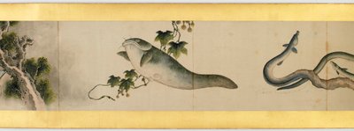 その他の画像、江戸時代、1839年のインクと紙の色の付いたハンドスクロールの詳細 作： Katsushika Hokusai