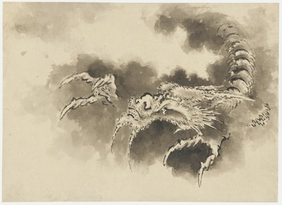 雲から浮かび上がる龍、江戸時代（紙に墨） 作： Katsushika Hokusai
