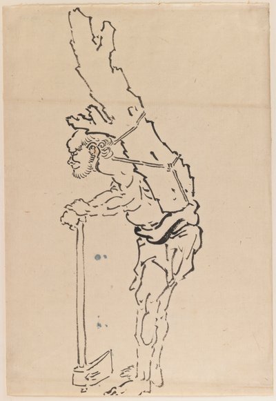 斧で休んで背中に木の幹の一部を運ぶ男の絵（紙にインク） 作： Katsushika Hokusai