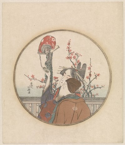 サルと花の枝を持つカップル 作： Katsushika Hokusai