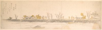 岬を散策する人々の姿；手前には水と船が描かれている 作： Katsushika Hokusai