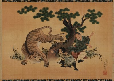親孝行: 18 世紀後半、19 世紀初頭、虎から父親を救った楊香。 作： Katsushika Hokusai