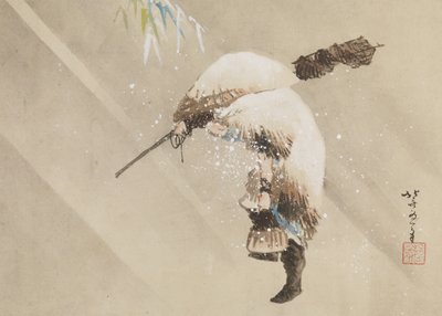 雪の中で網を運ぶ漁師、c. 1821年（紙にインク、色、胡粉） 作： Katsushika Hokusai