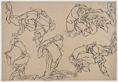 ドラムを演奏する 5 人のミュージシャン、18 世紀後半から 19 世紀初頭。 作： Katsushika Hokusai