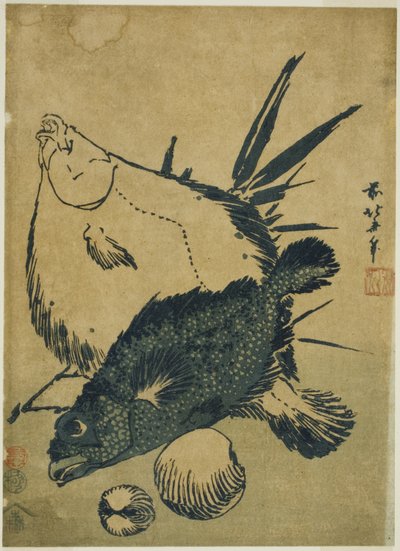 無題の中盤版画シリーズより カレイ、カサゴ、貝殻 作： Katsushika Hokusai