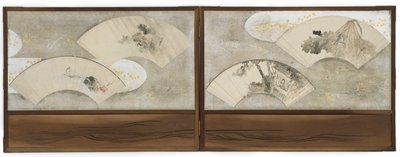 4つのファンの絵画：「蓮の葉のカエル」、「家の学者」、「風景」、「船と岩」、江戸時代（紙にインクと色） 作： Katsushika Hokusai