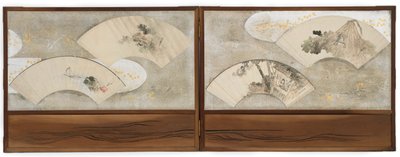 スクリーンに取り付けられた4つのファンの絵... 作： Katsushika Hokusai