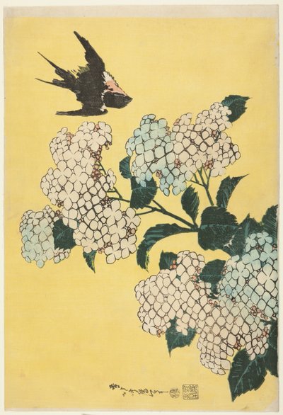 紫陽花とツバメ、無題の大輪シリーズより 作： Katsushika Hokusai
