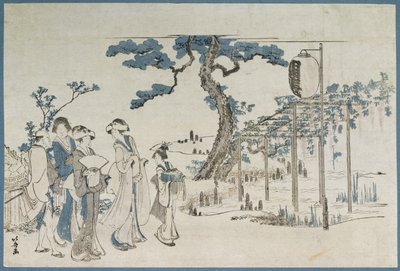 亀戸のウィステリアガーデンを訪れる女性（木版画） 作： Katsushika Hokusai