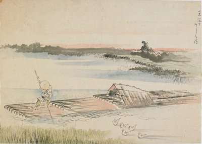 風景: 18 世紀後半から 19 世紀初頭にかけて、筏を漕ぐ船頭。 作： Katsushika Hokusai