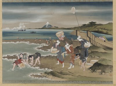 風景：海岸のハマグリの採集者（シルクのインクと色） 作： Katsushika Hokusai