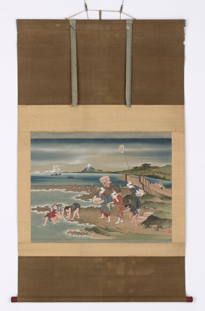 風景: 18 世紀後半から 19 世紀初頭の海岸での貝採り。 作： Katsushika Hokusai