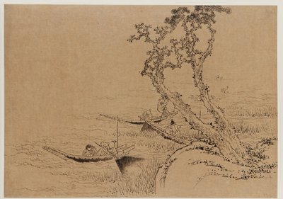 風景: 18 世紀後半から 19 世紀初頭のボートから釣りをしている人物。 作： Katsushika Hokusai