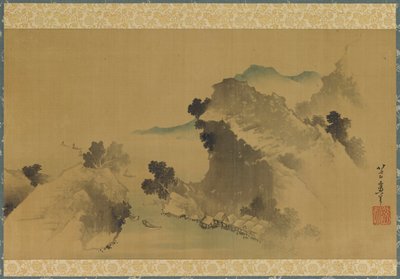 風景: 山、小川、ボート、18 世紀後半から 19 世紀初頭。 作： Katsushika Hokusai