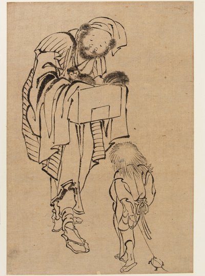 男と少年、江戸時代（紙にインク） 作： Katsushika Hokusai