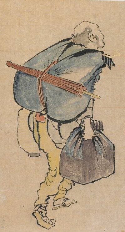 バックパックとランタンを運ぶ男性、18 世紀後半から 19 世紀初頭。 作： Katsushika Hokusai