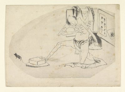 ふんどしの男、箱、ネズミ 作： Katsushika Hokusai