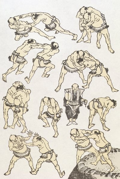 マンガ：レスラーのジェスチャーと姿勢の研究、パブ。 1849、（色木版画） 作： Katsushika Hokusai