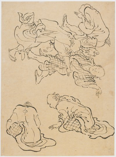 18 世紀後半から 19 世紀初頭にかけての男性の踊り、およびさまざまな人物像。 作： Katsushika Hokusai