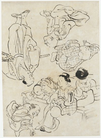その他のフィギュア：夏の快楽、ベランダに着席したフィギュア、江戸時代の武士（下）（紙にインク） 作： Katsushika Hokusai