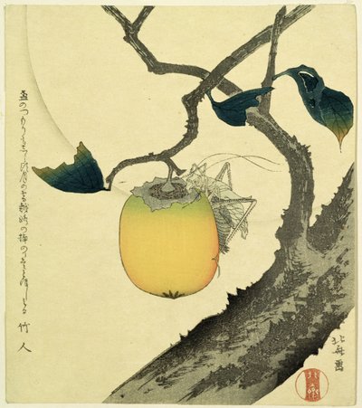 月、柿とグラスホッパー、1807年（色の木版画） 作： Katsushika Hokusai