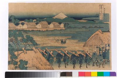 千住の歓楽街から遠くに見える富士山 作： Katsushika Hokusai