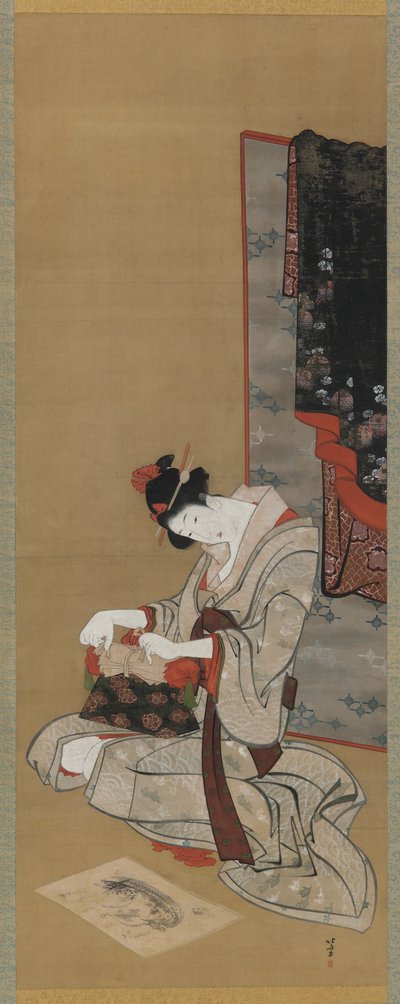 正月カスタム：正月の朝、化粧品、江戸時代、1806-11年頃（絹にインクと色） 作： Katsushika Hokusai