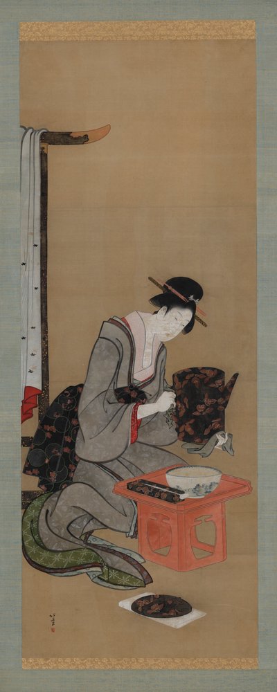 正月の風習：正月の化粧 江戸時代 1806-1811。 作： Katsushika Hokusai