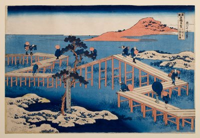 『諸国名橋図』シリーズ所収、三河国八橋の八連橋の古景 作： Katsushika Hokusai