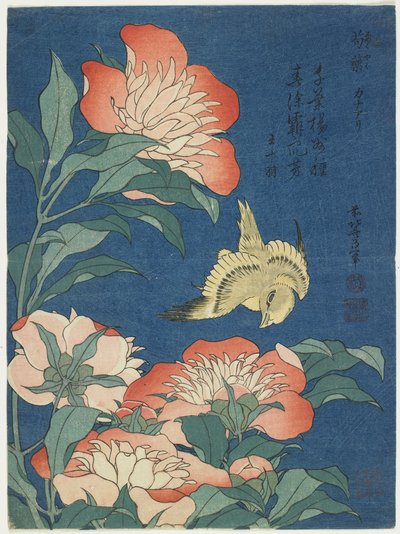 牡丹とカナリア、c。 1833 作： Katsushika Hokusai