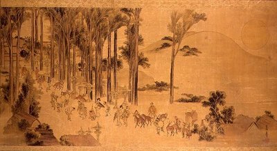 春日神社の巡礼者たち（シルクにペイント） 作： Katsushika Hokusai