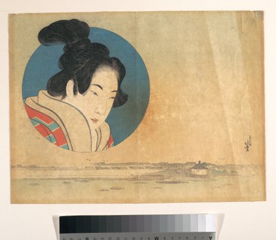 大きな円の中に描かれた女性の肖像、その下には風景 作： Katsushika Hokusai