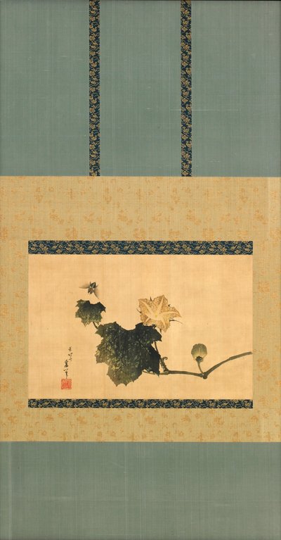 かぼちゃとつると馬のフライ、江戸時代、1825年頃（絹にインクと色） 作： Katsushika Hokusai
