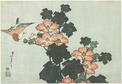 ローズマローとスズメ、c。 1832 作： Katsushika Hokusai
