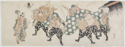 ライオンダンスを演じる6人の男性の神々、1797年-1819年（色木版画） 作： Katsushika Hokusai