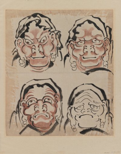 4つの面のスケッチ（紙にインク） 作： Katsushika Hokusai