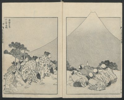 富士百景より左に滑り降り、右に富士の開き、1834年。 作： Katsushika Hokusai