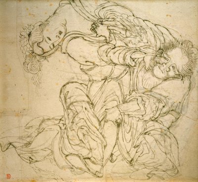 ソコは彼の妻と戦っています 作： Katsushika Hokusai