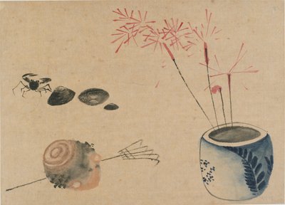 線香花火、カニ、球根、18 世紀後半から 19 世紀初頭。 作： Katsushika Hokusai