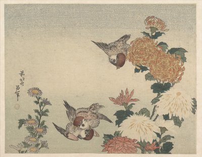 スズメと菊 作： Katsushika Hokusai