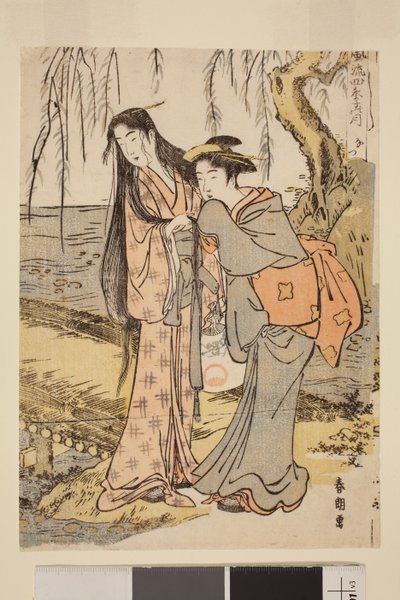 夏: 四季の優雅な月シリーズより、川辺の二人の女 作： Katsushika Hokusai